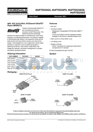 HUF75333S3 datasheet - 66A, 55V, 0.016 Ohm. N-Channel UltraFET Power MOSFETs