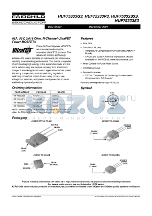 HUF75333S3S datasheet - 66A, 55V, 0.016 Ohm. N-Channel UltraFET Power MOSFETs