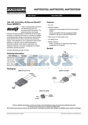 HUF75337G3 datasheet - 75A, 55V, 0.014 Ohm, N-Channel UltraFET Power MOSFETs