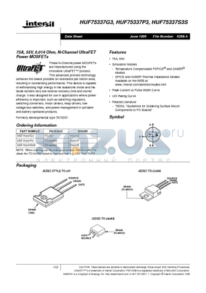 HUF75337G3 datasheet - 75A, 55V, 0.014 Ohm, N-Channel UltraFET Power MOSFETs