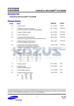 K7R161884B datasheet - 512Kx36 & 1Mx18 QDR II b4 SRAM