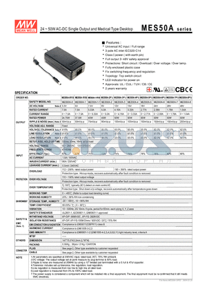 MES50A-4P1J datasheet - 24 ~ 50WAC-DC Single Output and Medical Type Desktop