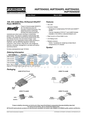 HUF75343S3S datasheet - 75A, 55V, 0.009 Ohm, N-Channel UltraFET Power MOSFETs