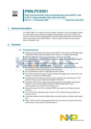 P89LPC9351 datasheet - 8-bit microcontroller with accelerated two-clock 80C51 core 8 kB 3 V byte-erasable flash with 8-bit ADC