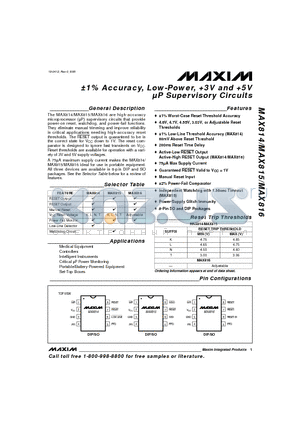 MAX814 datasheet - a1% Accuracy, Low-Power, 3V and 5V lP Supervisory Circuits