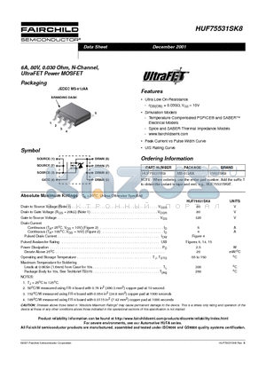 HUF75531SK8 datasheet - 6A, 80V, 0.030 Ohm, N-Channel, UltraFET Power MOSFET