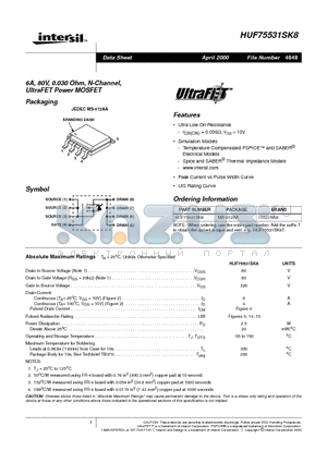 HUF75531SK8 datasheet - 6A, 80V, 0.030 Ohm, N-Channel, UltraFET Power MOSFET
