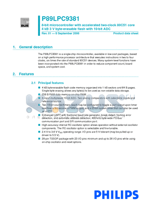 P89LPC9381 datasheet - 8-bit microcontroller with accelerated two-clock 80C51 core 4 kB 3 V byte-erasable flash with 10-bit ADC