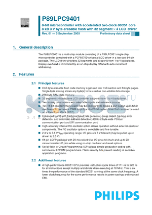 P89LPC9401FBD datasheet - 8-bit microcontroller with accelerated two-clock 80C51 core 8 kB 3 V byte-erasable flash with 32 segment x 4 LCD driver