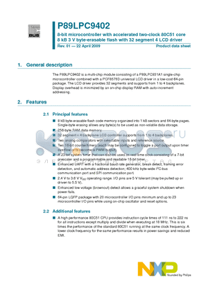 P89LPC9402 datasheet - 8-bit microcontroller with accelerated two-clock 80C51 core 8 kB 3 V byte-erasable flash with 32 segment 4 LCD driver