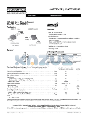 HUF75542P3 datasheet - 75A, 80V, 0.014 Ohm, N-Channel, UltraFET Power MOSFETs