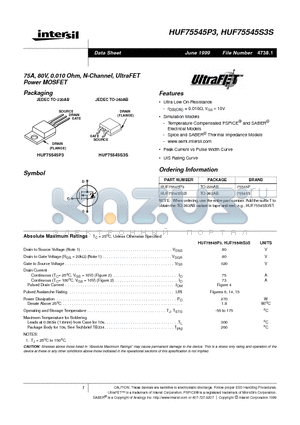 HUF75545P3 datasheet - 75A, 80V, 0.010 Ohm, N-Channel, UltraFET Power MOSFET