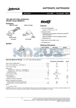 HUF75542S3S datasheet - 75A, 80V, 0.014 Ohm, N-Channel, UltraFET Power MOSFETs