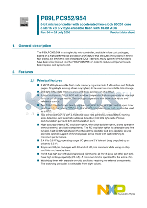 P89LPC952FBD datasheet - 8-bit microcontroller with accelerated two-clock 80C51 core 8 kB/16 kB 3 V byte-erasable flash with 10-bit ADC