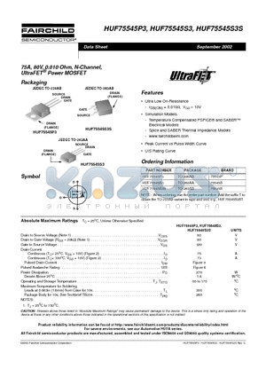 HUF75545S3 datasheet - 75A, 80V, 0.010 Ohm, N-Channel, UltraFET Power MOSFET