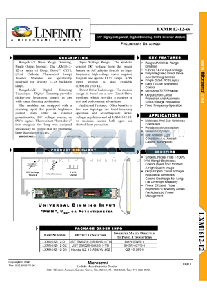 LXM1612-12-02 datasheet - 12V Highly-Integrated, Digital Dimming CCFL Inverter Module