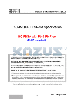 K7S1636T4C datasheet - 512Kx36 & 1Mx18 QDR II b4 SRAM