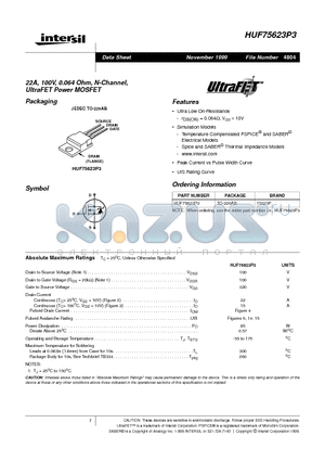 HUF75623P3 datasheet - 22A, 100V, 0.064 Ohm, N-Channel, UltraFET Power MOSFET