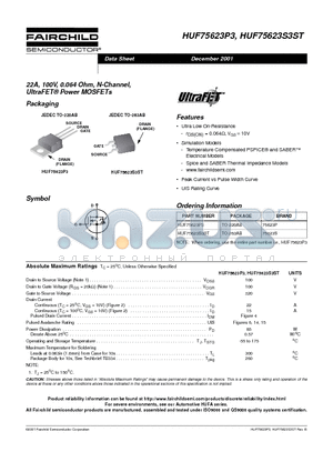 HUF75623S3 datasheet - 22A, 100V, 0.064 Ohm, N-Channel, UltraFET Power MOSFETs