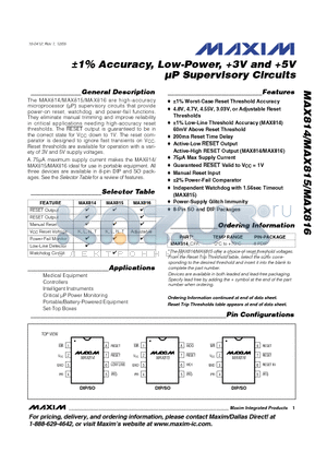 MAX814_EPA datasheet - a1% Accuracy, Low-Power, 3V and 5V uP Supervisory Circuits