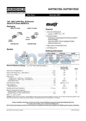 HUF75617D3 datasheet - 16A, 100V, 0.090 Ohm, N-Channel, UltraFET Power MOSFETs