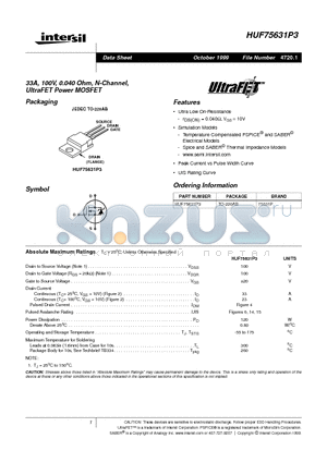 HUF75631P3 datasheet - 33A, 100V, 0.040 Ohm, N-Channel, UltraFET Power MOSFET