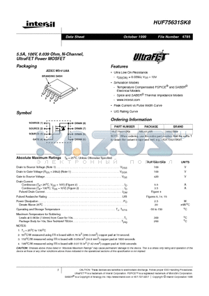 HUF75631SK8 datasheet - 5.5A, 100V, 0.039 Ohm, N-Channel, UltraFET Power MOSFET