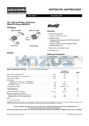 HUF75631S3ST datasheet - 33A, 100V, 0.040 Ohm, N-Channel, UltraFET Power MOSFETs