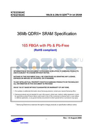 K7S3218U4C datasheet - 1Mx36 & 2Mx18 QDR II b4 SRAM