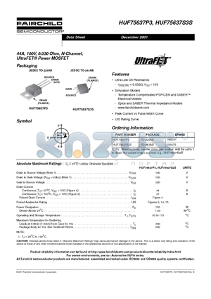 HUF75637P3 datasheet - 44A, 100V, 0.030 Ohm, N-Channel, UltraFET Power MOSFET