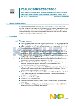 P89LPC980 datasheet - 8-bit microcontroller with accelerated two-clock 80C51 core, 4 kB/8 kB wide-voltage byte-erasable flash with 10-bit ADC