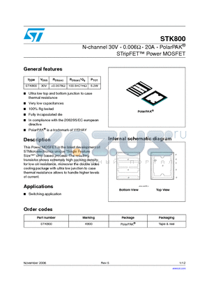 K800 datasheet - N-channel 30V - 0.006ohm - 20A - PolarPAK STripFET Power MOSFET