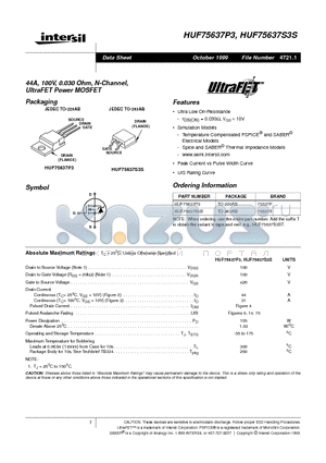 HUF75637S3S datasheet - 44A, 100V, 0.030 Ohm, N-Channel, UltraFET Power MOSFET