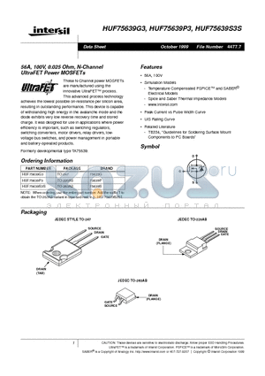 HUF75639S3S datasheet - 56A, 100V, 0.025 Ohm, N-Channel UltraFET Power MOSFETs