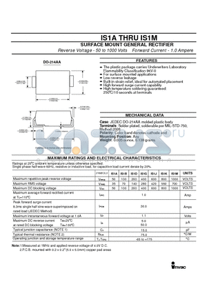 IS1J datasheet - Reverse Voltage - 50 to 1000 Volts Forward Current - 1.0 Ampere