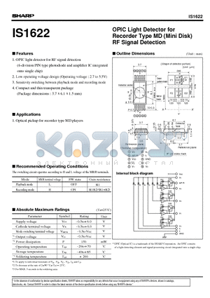 IS1622 datasheet - OPIC Light Detector for Recorder Type MD (Mini Disk) RF Signal Detection