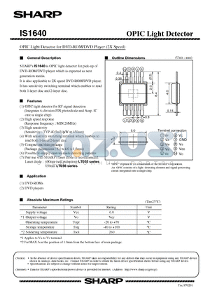 IS1640 datasheet - OPIC Light Detector for DVD-ROM/DVD Player (2X Speed)