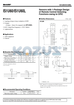 IS1U60 datasheet - Sensors with 1-Package Design of Remote Control Detecting Functions owing to OPIC