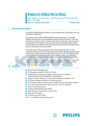 P89LV51RC2BN datasheet - 8-bit 80C51 3 V low power 16/32/64 kB Flash microcontroller with 1 kB RAM