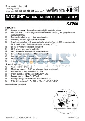 K8006 datasheet - BASE UNIT for HOME MODULAR LIGHT SYSTEM