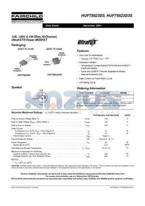 HUF75823D3 datasheet - 14A, 150V, 0.150 Ohm, N-Channel, UltraFET Power MOSFET