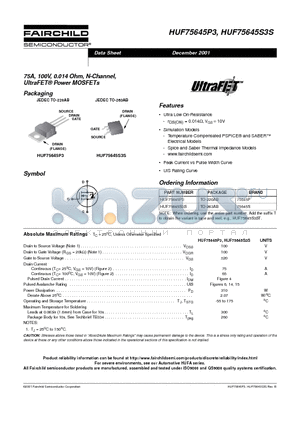 HUF75645S3S datasheet - 75A, 100V, 0.014 Ohm, N-Channel, UltraFET Power MOSFETs