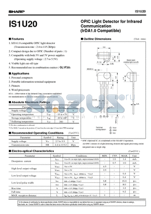 IS1U20 datasheet - OPIC Light Detector for Infrared Communication (IrDA1.0 Compatible)