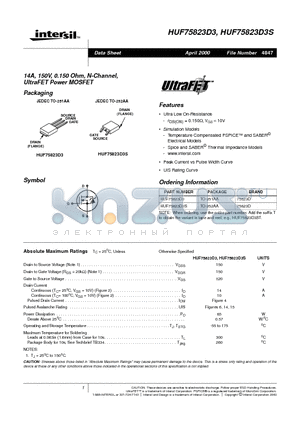 HUF75823D3S datasheet - 14A, 150V, 0.150 Ohm, N-Channel, UltraFET Power MOSFET