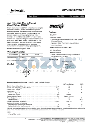 HUF75639S3R4851 datasheet - 56A, 115V, 0.025 Ohm, N-Channel UltraFET Power MOSFET