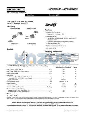 HUF75829D3S datasheet - 18A, 150V, 0.110 Ohm, N-Channel, UltraFET Power MOSFET