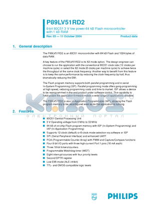 P89LV51RD2 datasheet - 8-bit 80C51 3 V low power 64 kB Flash microcontroller with 1 kB RAM