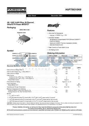 HUF75831SK8 datasheet - 3A, 150V, 0.095 Ohm, N-Channel, UltraFET Power MOSFET