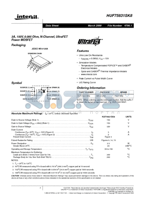 HUF75831SK8 datasheet - 3A, 150V, 0.095 Ohm, N-Channel, UltraFET Power MOSFET