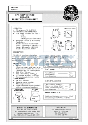 IS201X63 datasheet - OPTICALLY COUPLED ISOLATOR PHOTOTRANSISTOR OUTPUT